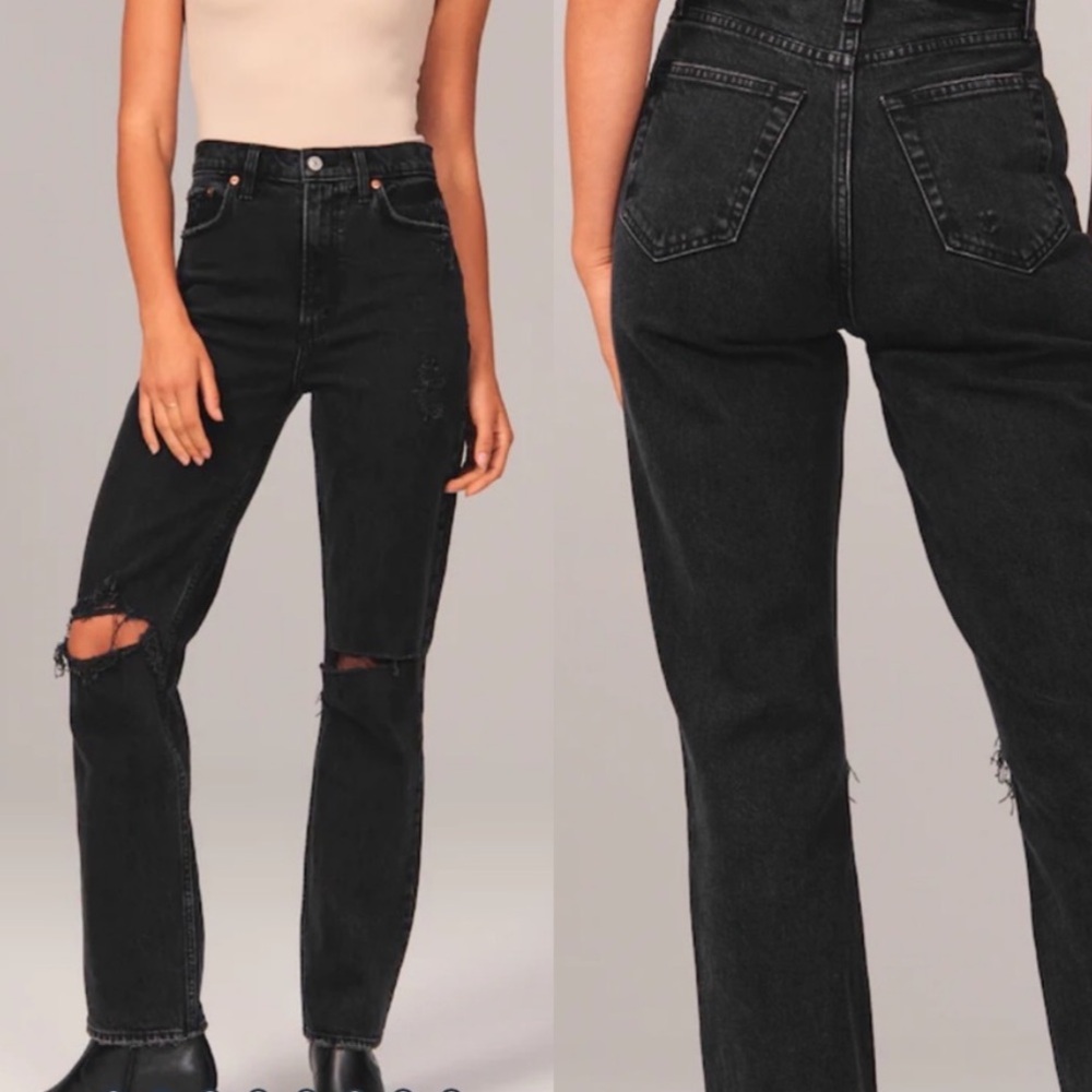 Abercrombie 90s straight ultra high rise black washed distressed denim jeans 31